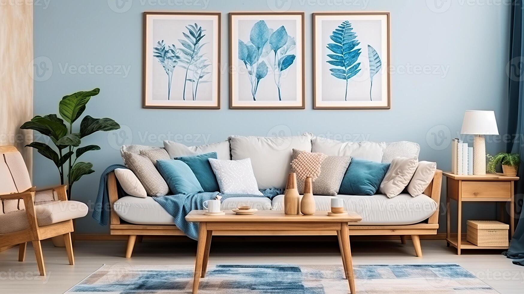 AI Generated Cozy Blue Botanical Living Room with Sofa, Houseplants, Relaxing Atmosphere photo