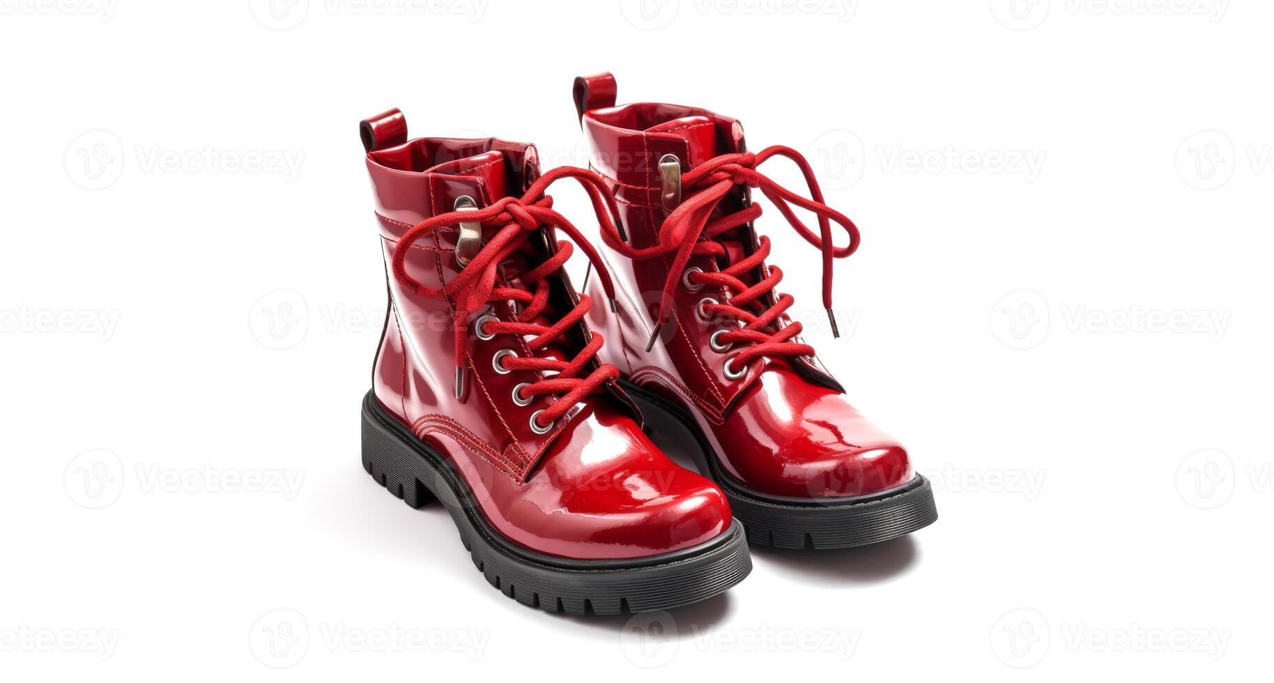 AI generated Red women's boots on a white background. Pair of high red leather boots on lace and a massive sole with a rough tread. photo