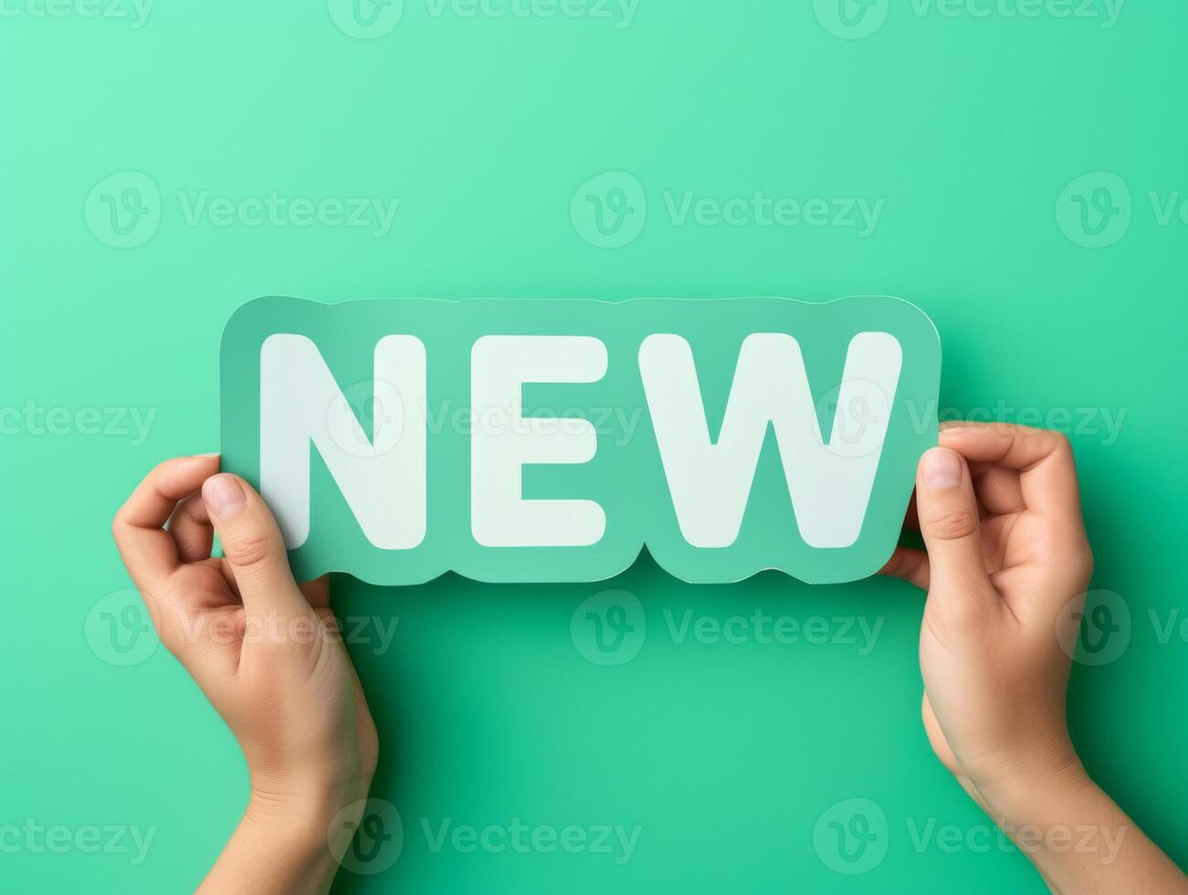 AI generated Hands holding new word on turquoise background, top view. Phrase NEW on sticker on green background. photo