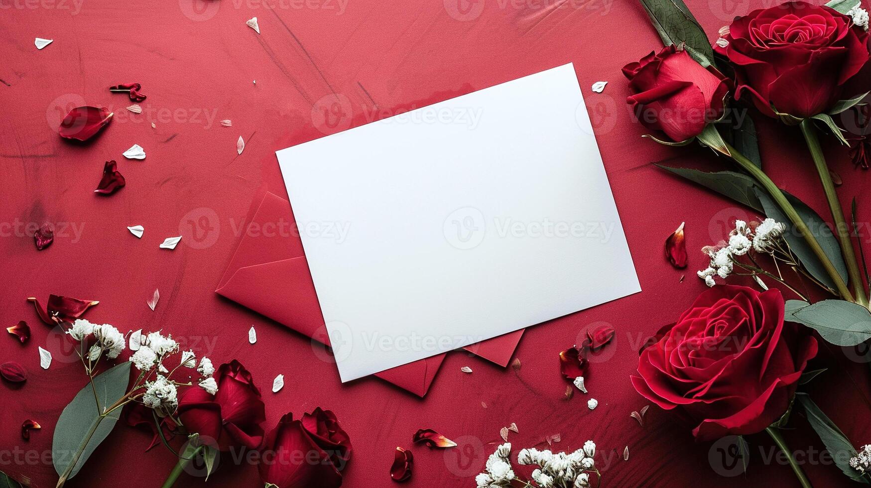 AI Generated Top view of a white card template on a crimson background in a frame of roses and gypsophila. Five burgundy roses and sprigs of white gypsophila. photo