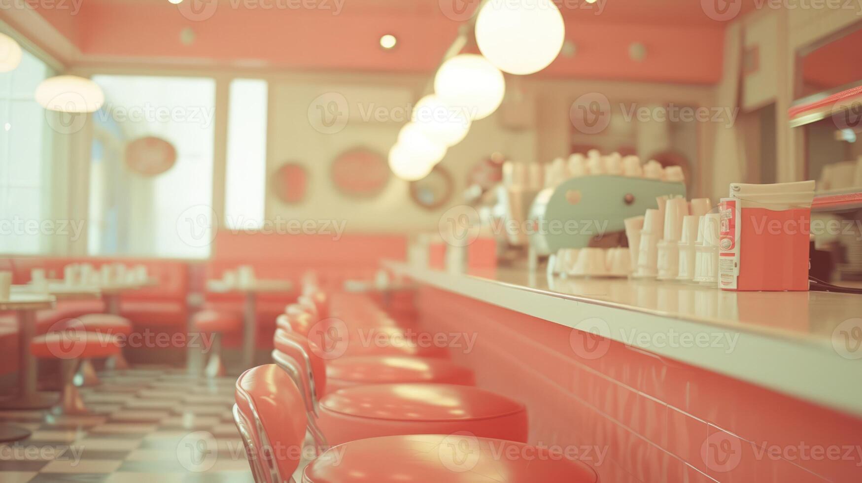 AI generated Generative AI, Vintage photo of American cafe 50s, retro interior design