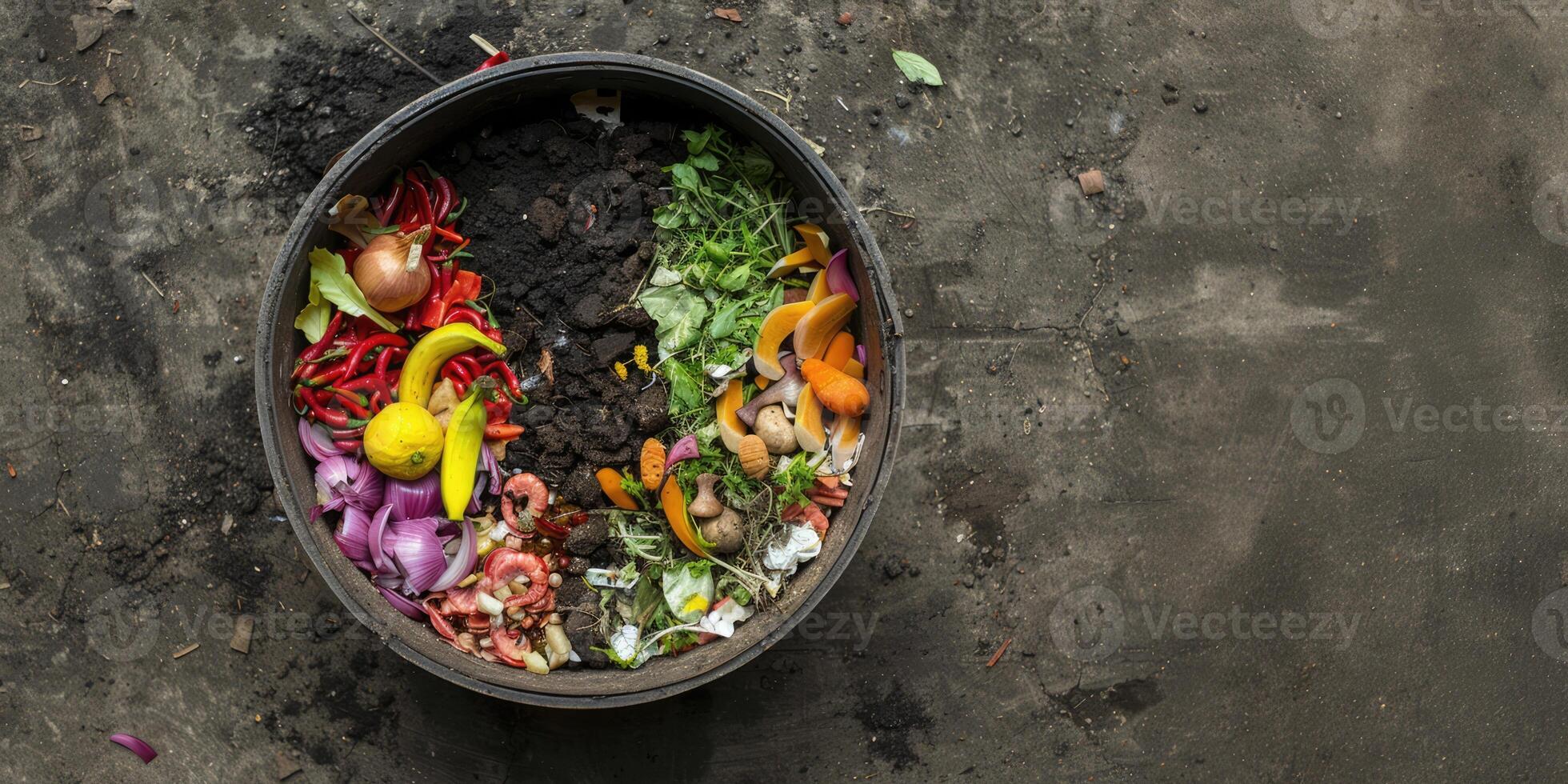 AI generated Generative AI, half of food waste compost and half of soil, environmental background, biodegradable kitchen waste, composting organic food photo