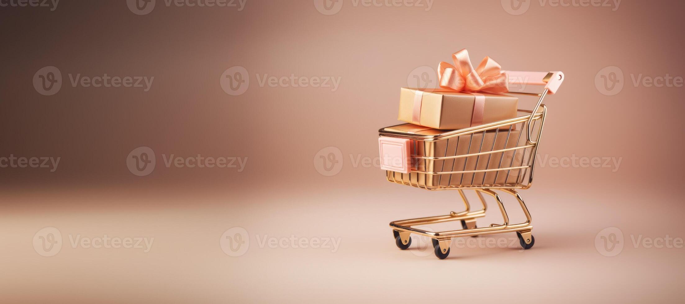 AI generated Generative AI, peach fuzz color shopping cart with many gift boxes on light peach background, holiday concept, discount and sale. photo