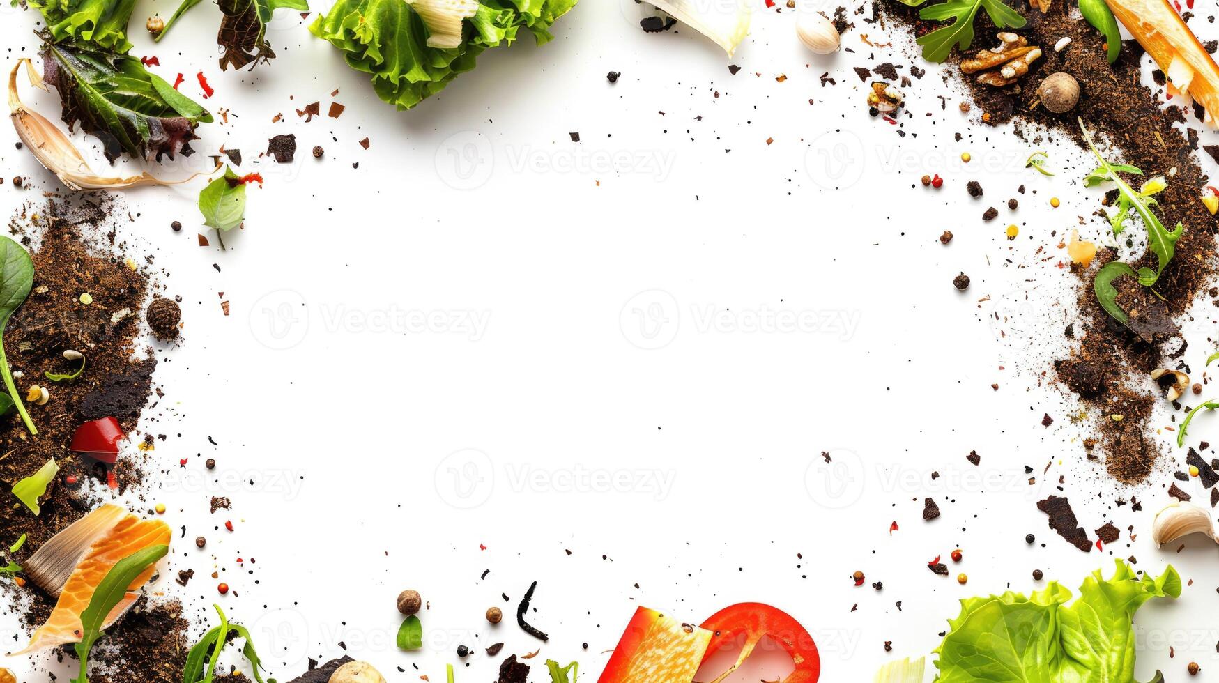 AI generated Generative AI, frame of food waste compost and soil, environmental concept, white background, biodegradable kitchen waste, composting organic food photo