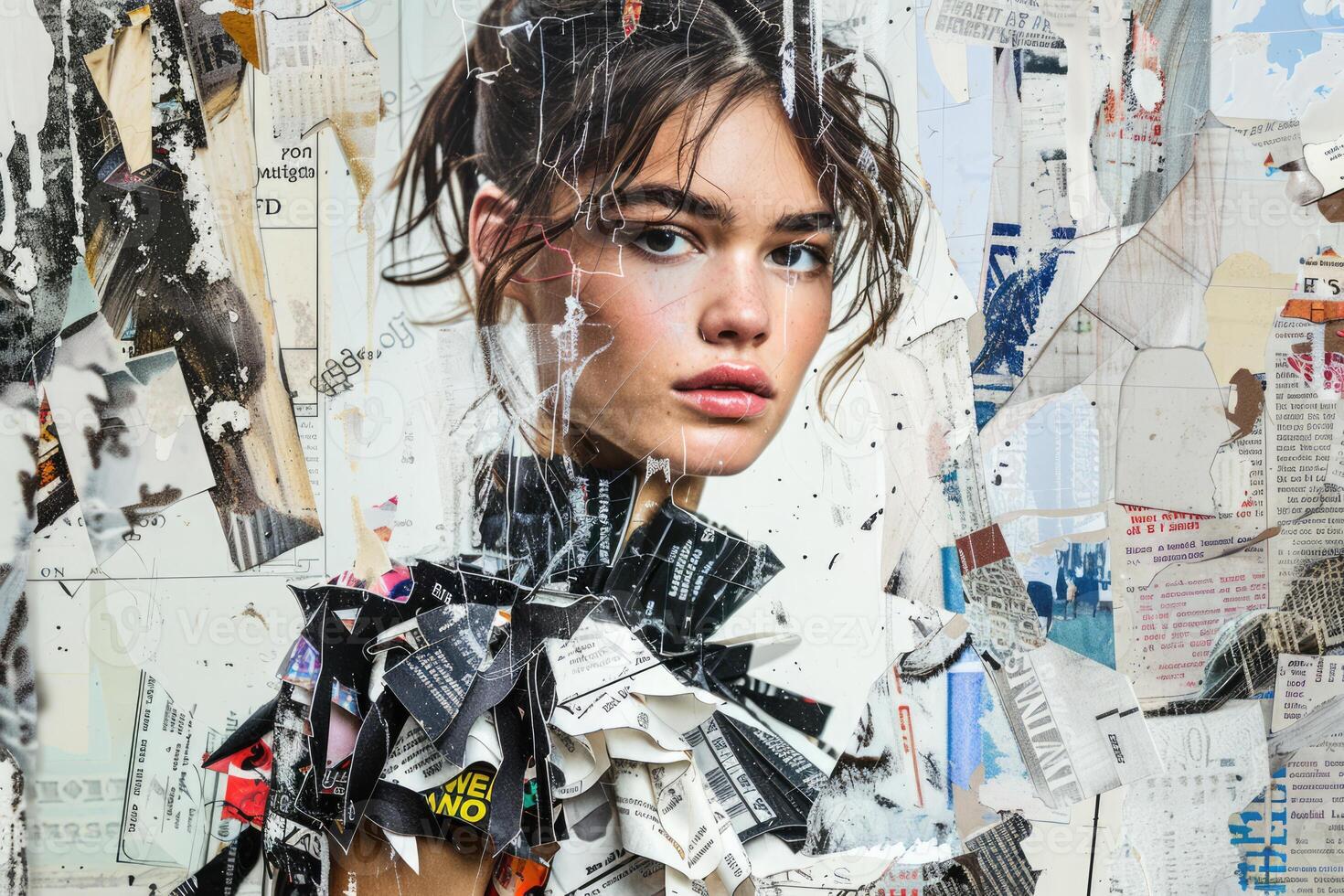 AI generated Generative AI, grunge collage poster with beautiful model portrait photo. Different paper magazine pieces composition photo