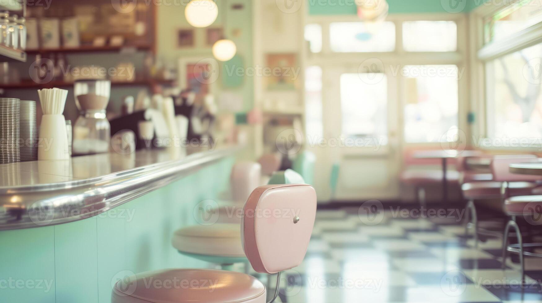 AI generated Generative AI, Vintage photo of American cafe 50s, retro interior design