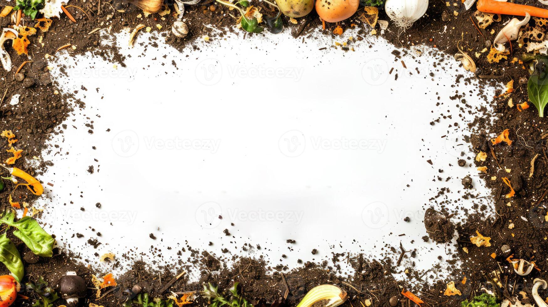 AI generated Generative AI, frame of food waste compost and soil, environmental concept, white background, biodegradable kitchen waste, composting organic food photo