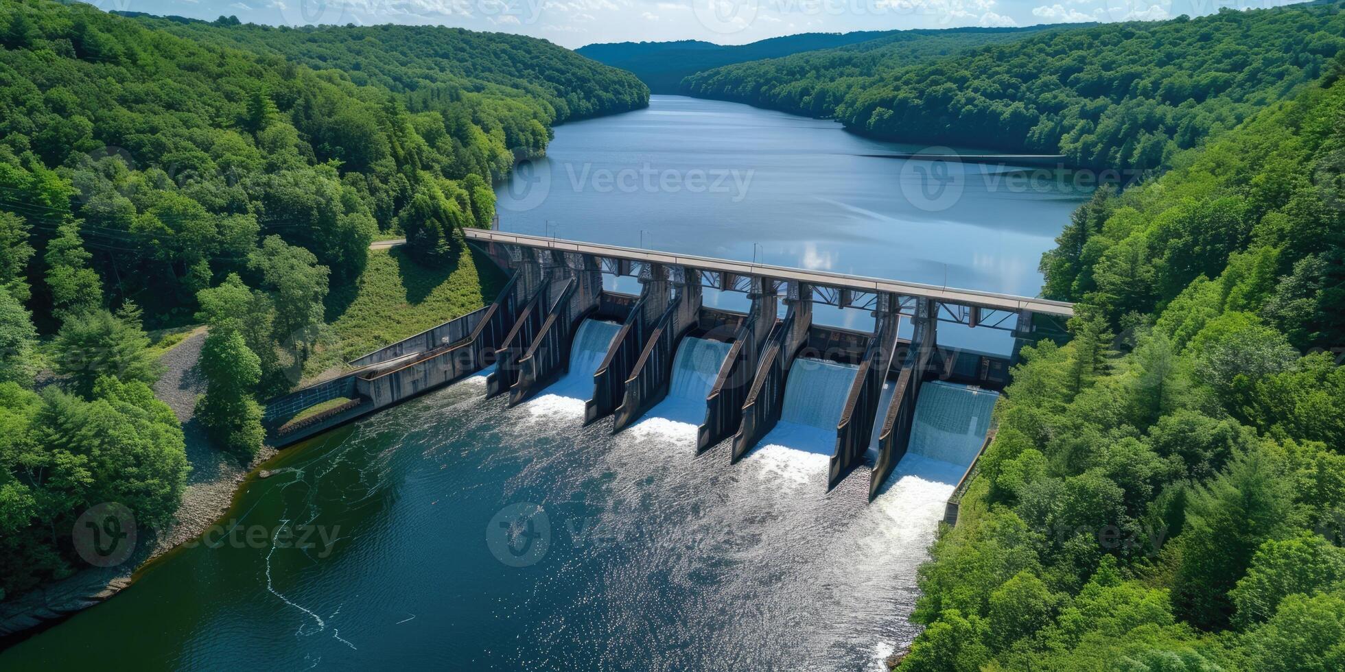 AI generated Generative AI, hydroelectric dam utilizing the flow of water to produce sustainable energy, power station, aerial view photo