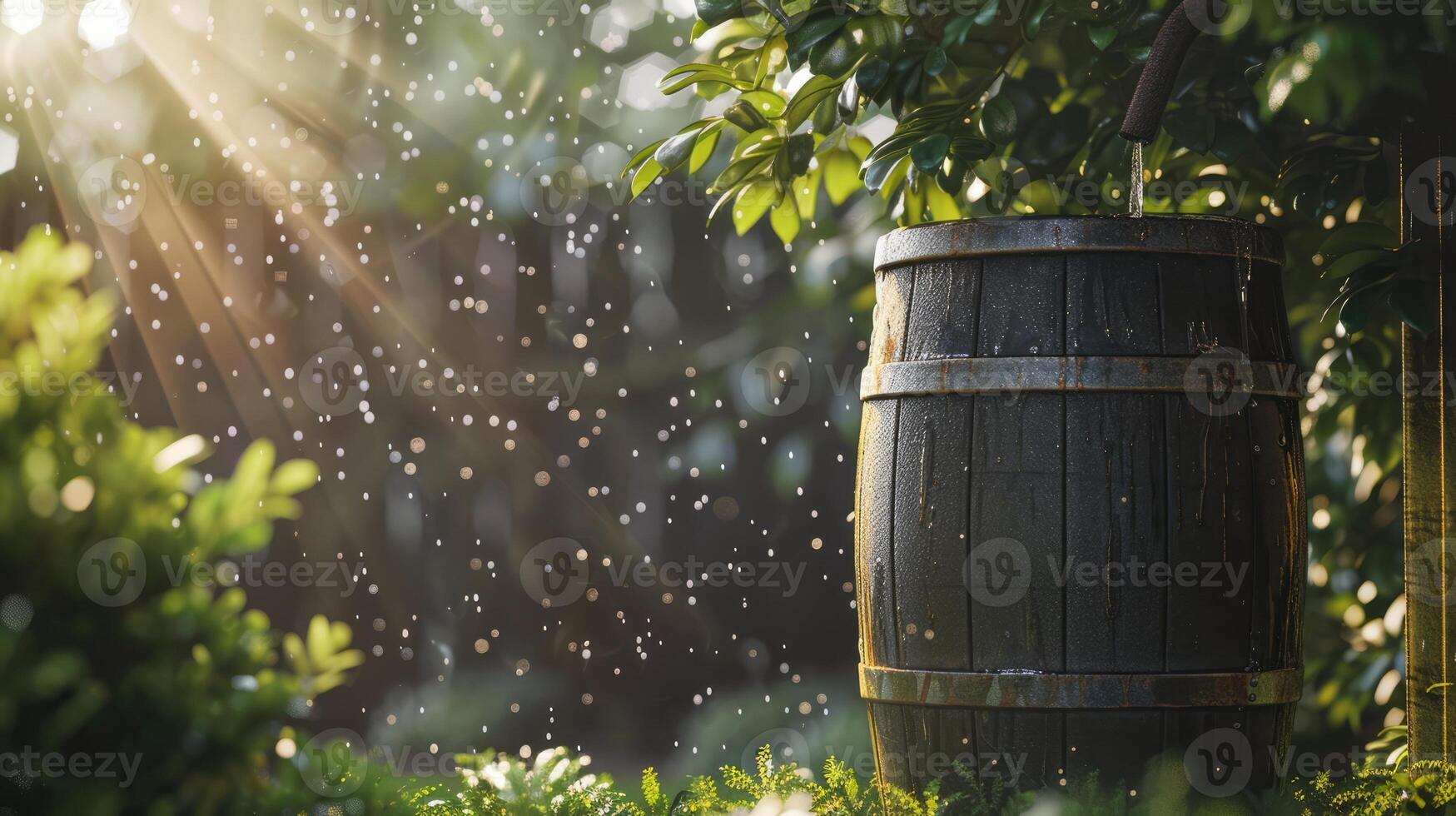 AI generated Generative AI, rainwater harvesting system in the garden with barrel, ecological reusing water concept photo