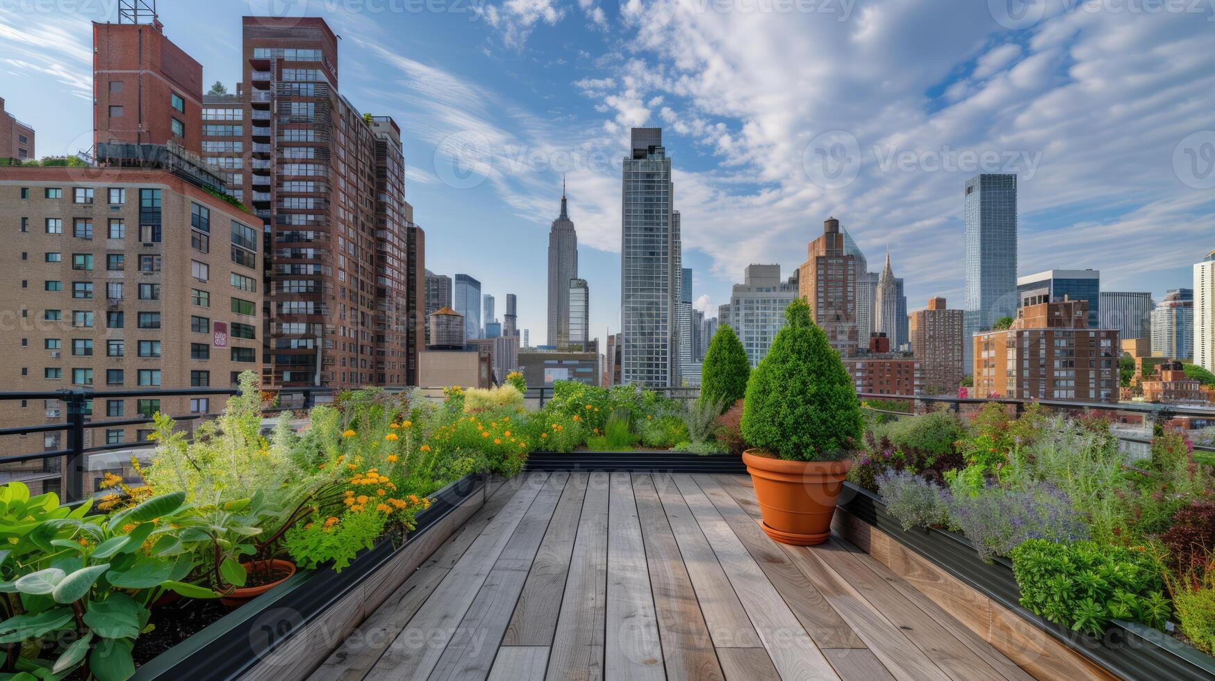 AI generated Generative AI, Rooftop garden in a high-rise building, Urban Farming, Green Spaces, Sustainable Living, Eco-Friendly, Skyline photo