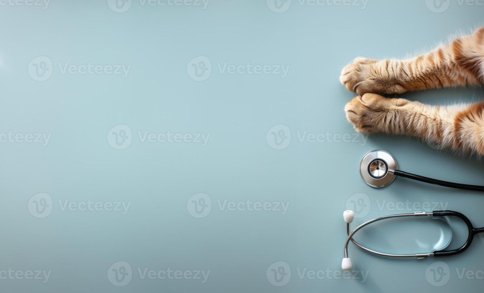 AI generated Generative AI, Cat paws and stethoscope isolated on blue background. Banner with copy space for vet clinic. Pet health care concept photo