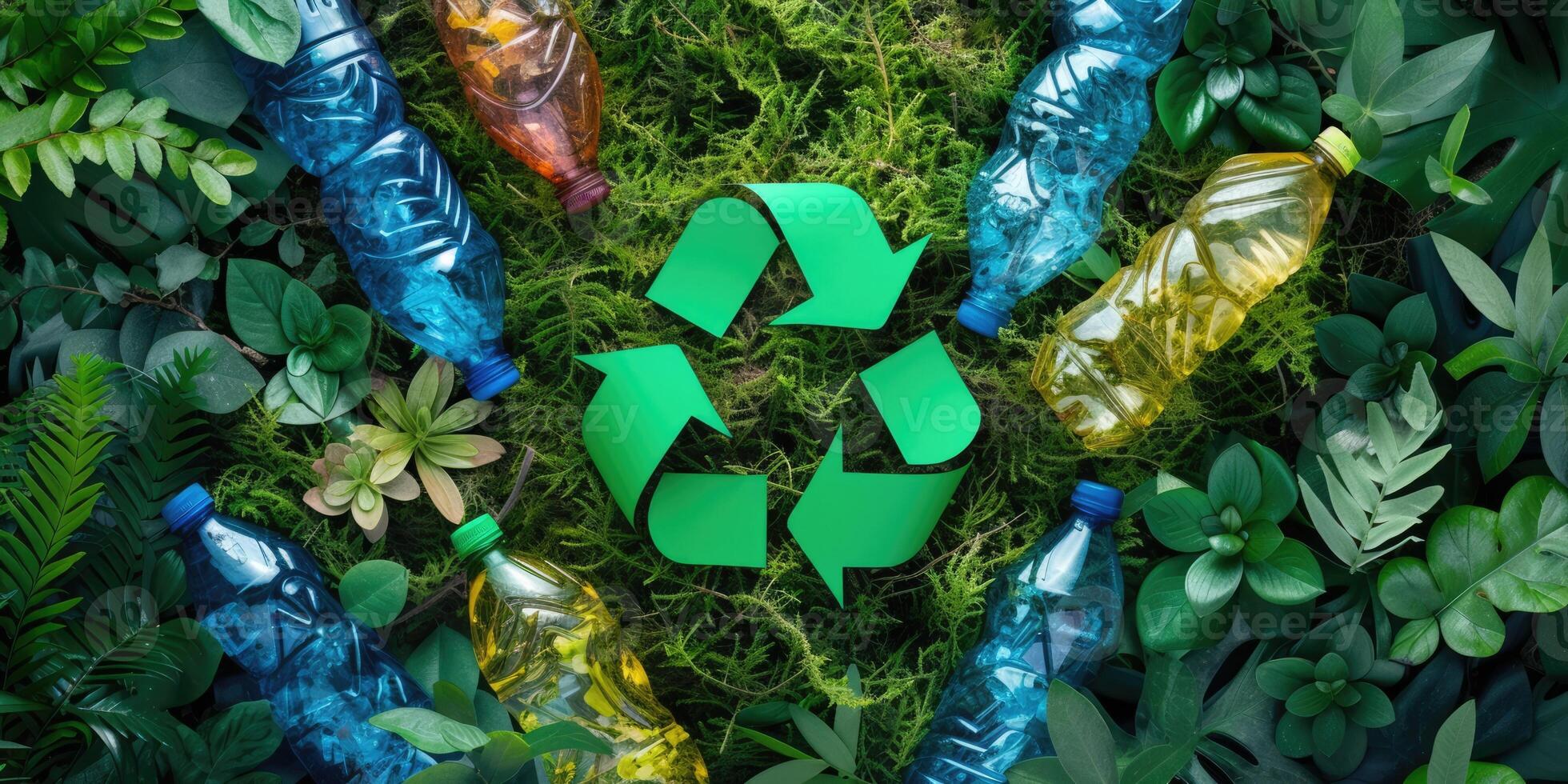 AI generated Generative AI, A recycling logo sign made of crumpled plastic bottles, zero waste, reuse concept with copy space photo