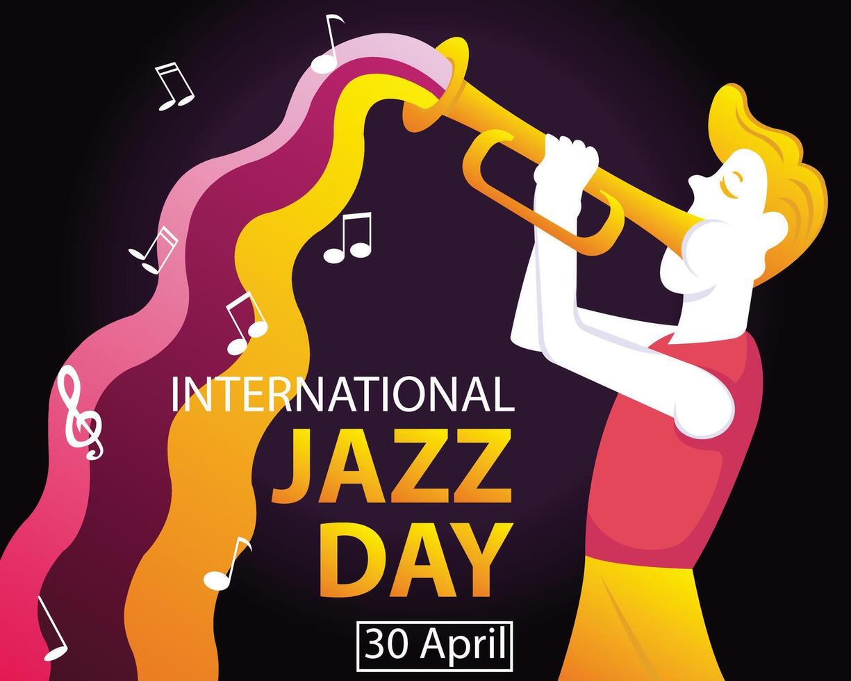 illustration vector graphic of a man is blowing a trumpet, displaying the wave of the instrument, perfect for international day, international jazz day, celebrate, greeting card, etc.