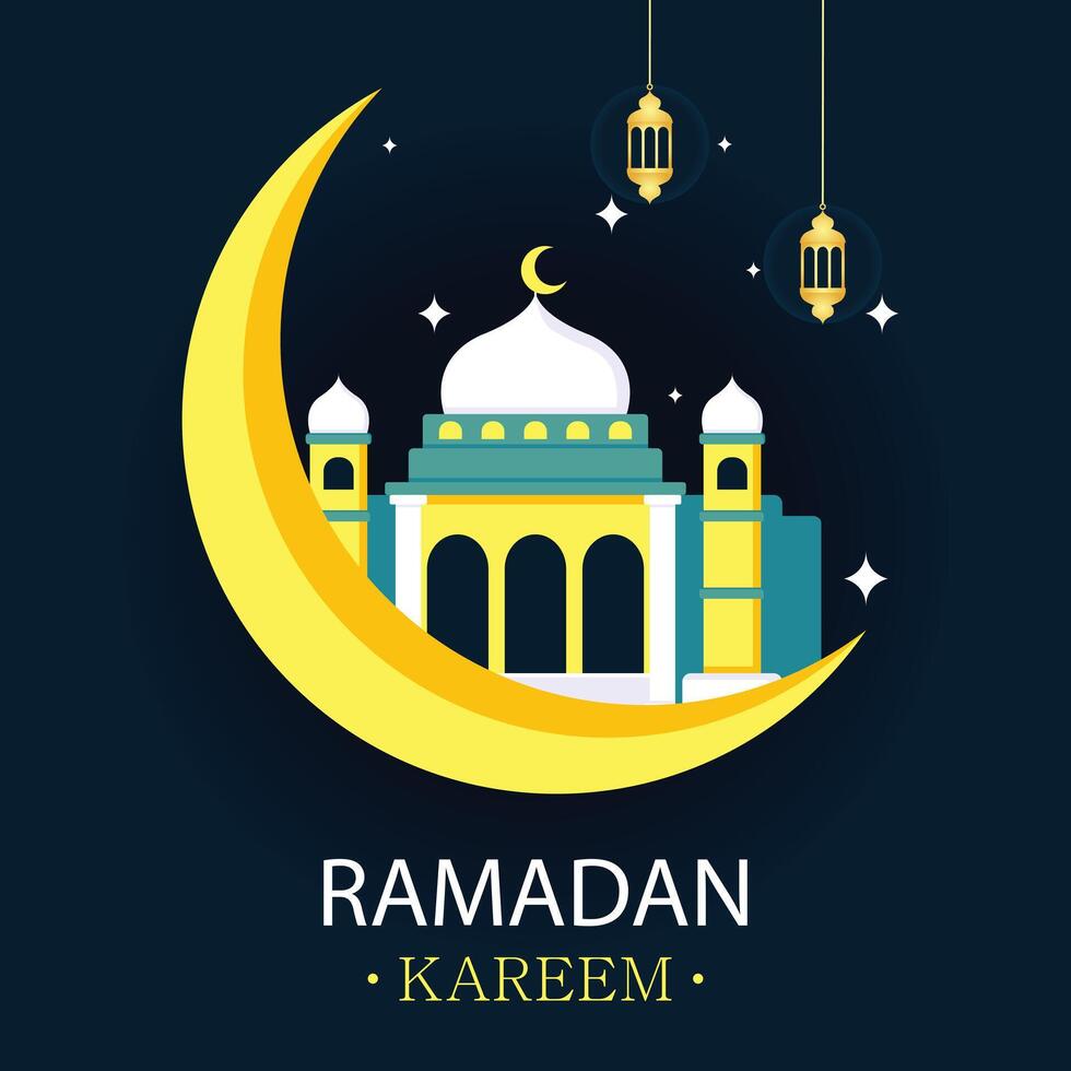 illustration vector graphic of mosque building behind the crescent moon, featuring hanging lanterns, perfect for international day, ramadan kareem, celebrate, greeting card, etc.