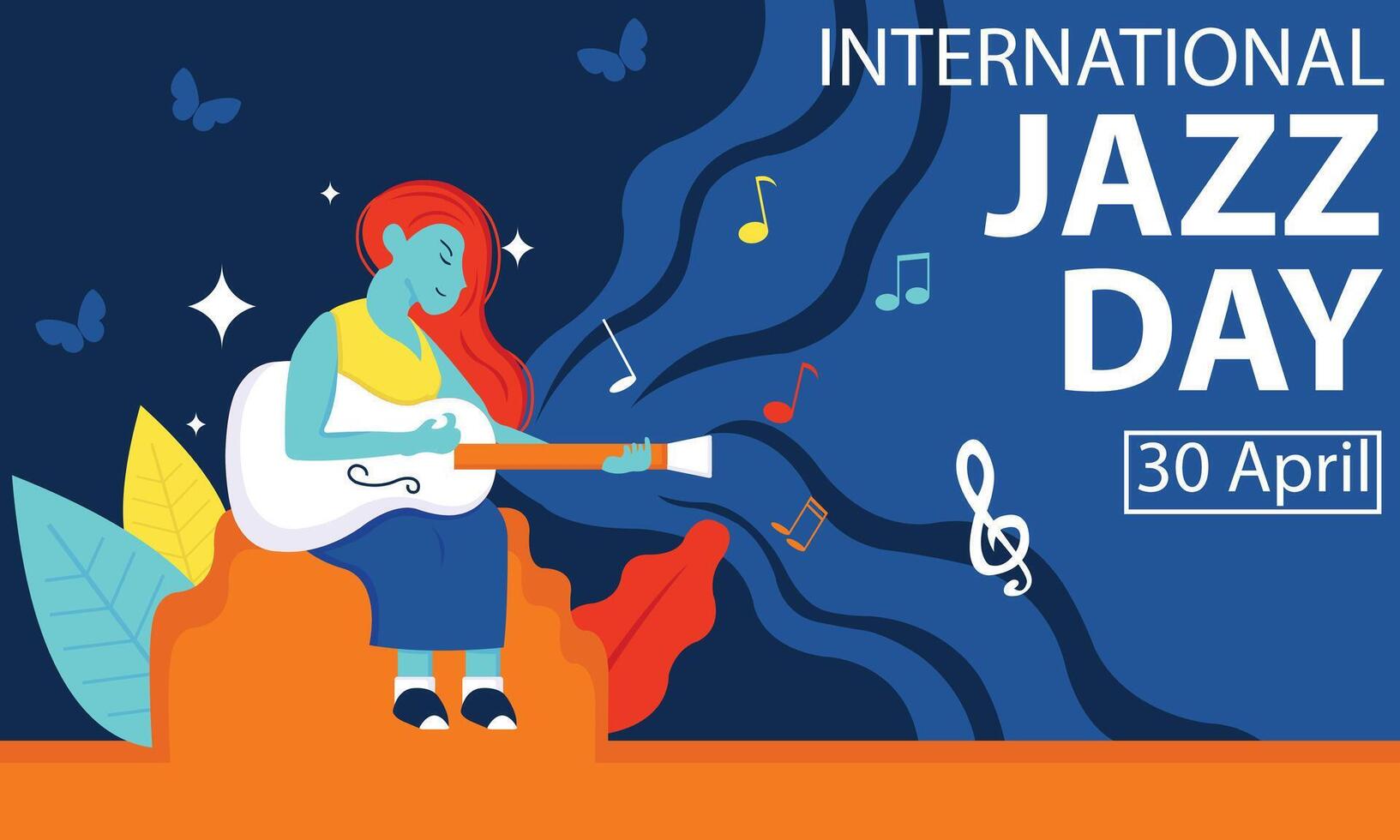 illustration vector graphic of a woman is playing the guitar, showing musical notes, perfect for international day, international jazz day, celebrate, greeting card, etc.