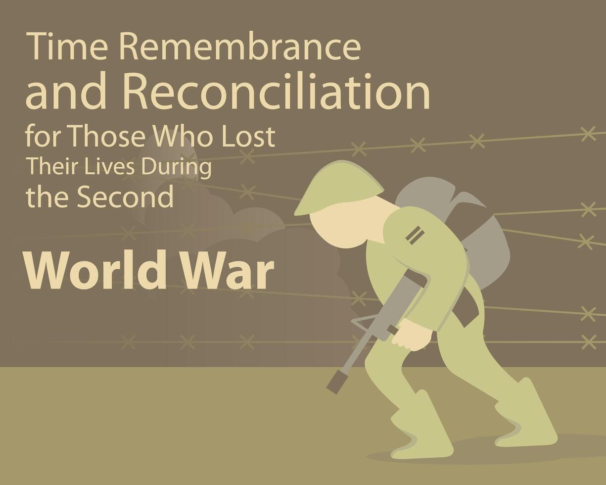 illustration vector graphic of a soldier walks on the battlefield carrying a weapon, perfect for international day, time remembrance and reconciliation, those who lost, lives during, second world war.