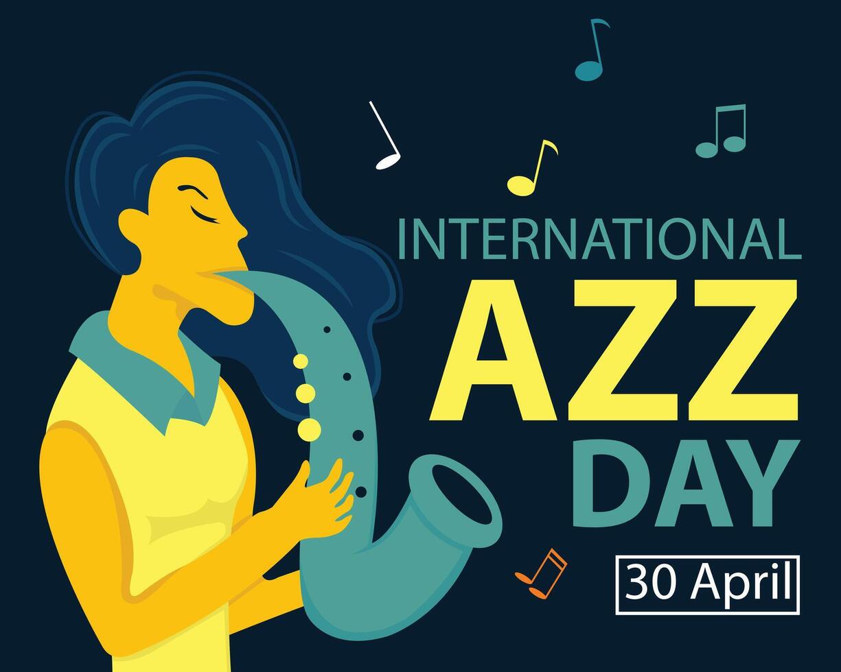illustration vector graphic of a woman is playing the saxophone, showing musical notes, perfect for international day, international jazz day, celebrate, greeting card, etc.