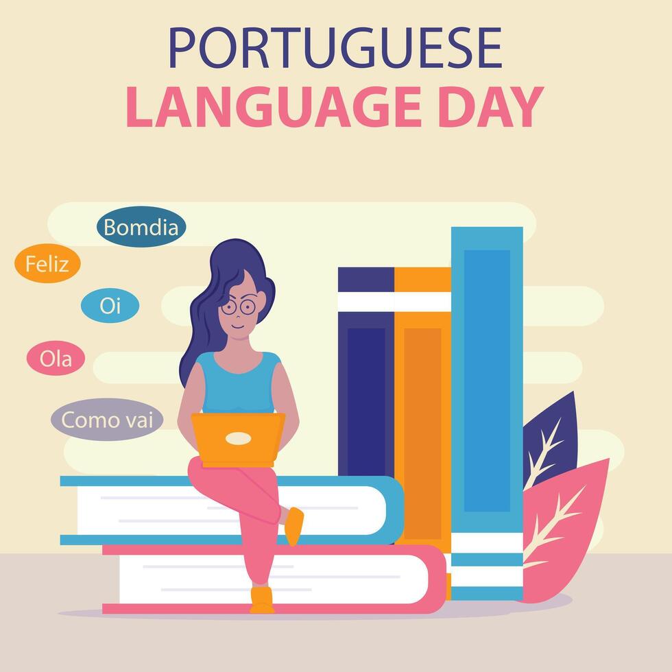 ilustración vector gráfico de un mujer es sentado a un libro y utilizando un computadora portátil, Perfecto para internacional día, portugués idioma día, celebrar, saludo tarjeta, etc.