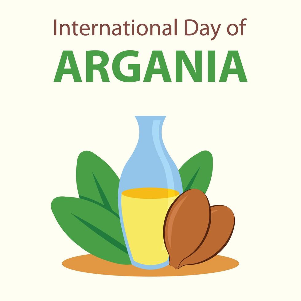 illustration vector graphic of bottle containing liquid argania oil, showing argania seeds and green leaves, perfect for international day, international day of argania, celebrate, greeting card, etc.