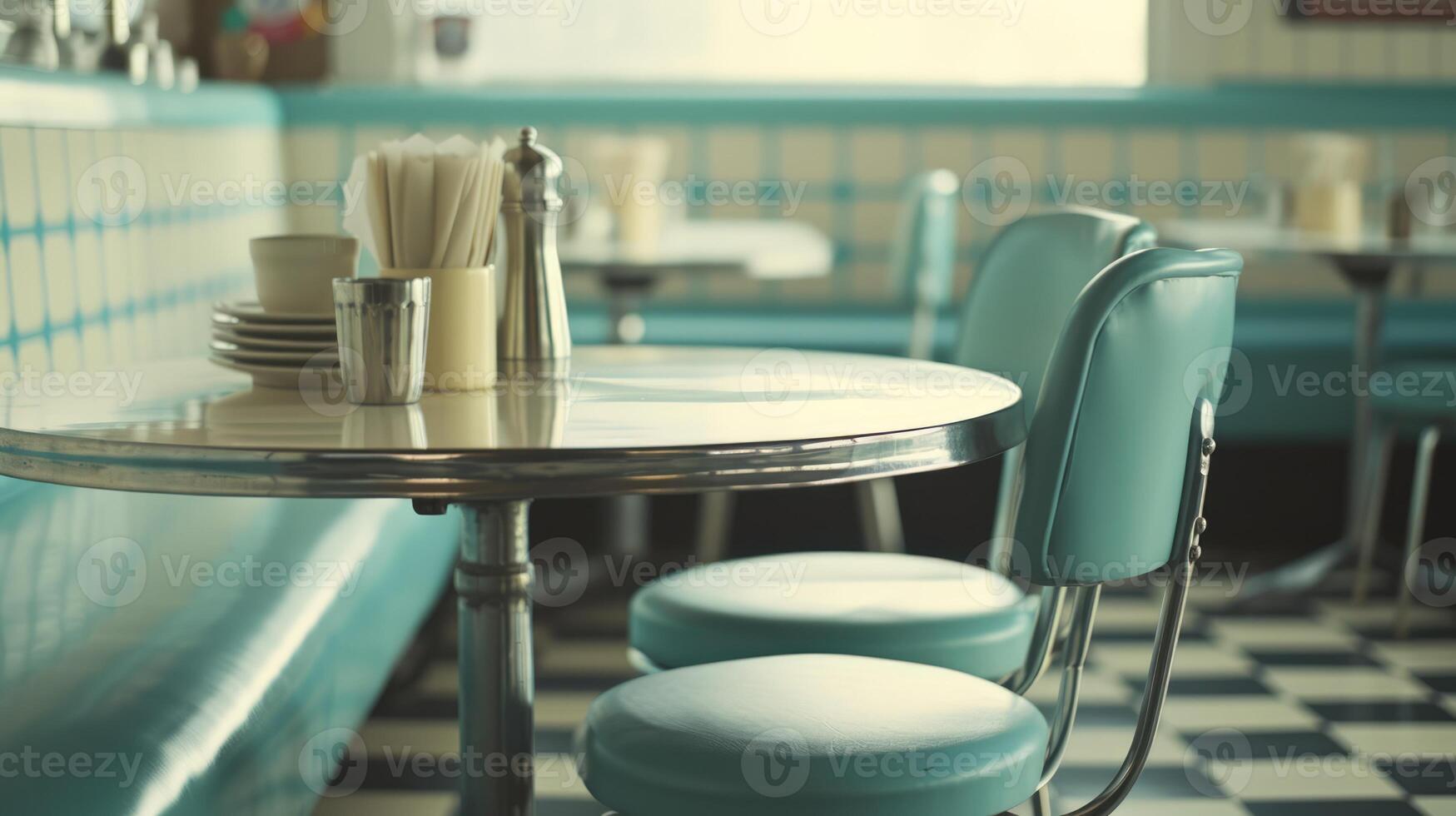 AI generated Generative AI, Vintage photo of American cafe 50s, retro interior design