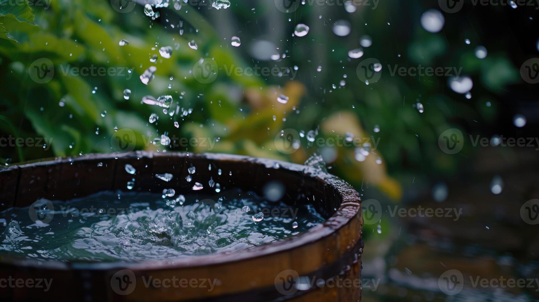 AI generated Generative AI, rainwater harvesting system in the garden with barrel, ecological reusing water concept photo