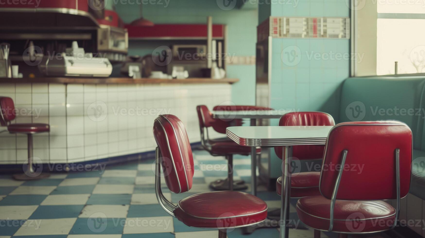 AI generated Generative AI, Vintage photo of American cafe 50s, retro interior design