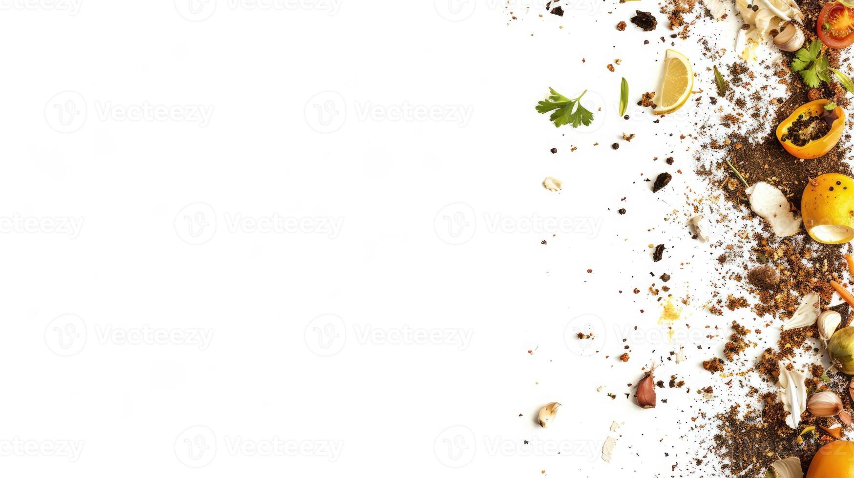 AI generated Generative AI, frame of food waste compost and soil, environmental concept, white background, biodegradable kitchen waste, composting organic food photo