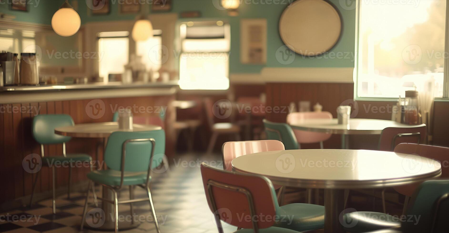 AI generated Generative AI, Vintage photo of American cafe 50s, retro interior design