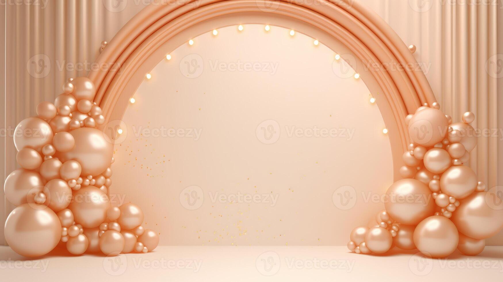 AI generated Generative AI, arch of peach fuzz color balloons. Birthday party, wedding or shower 3d background. Mockup, template for greetings or invitations. photo