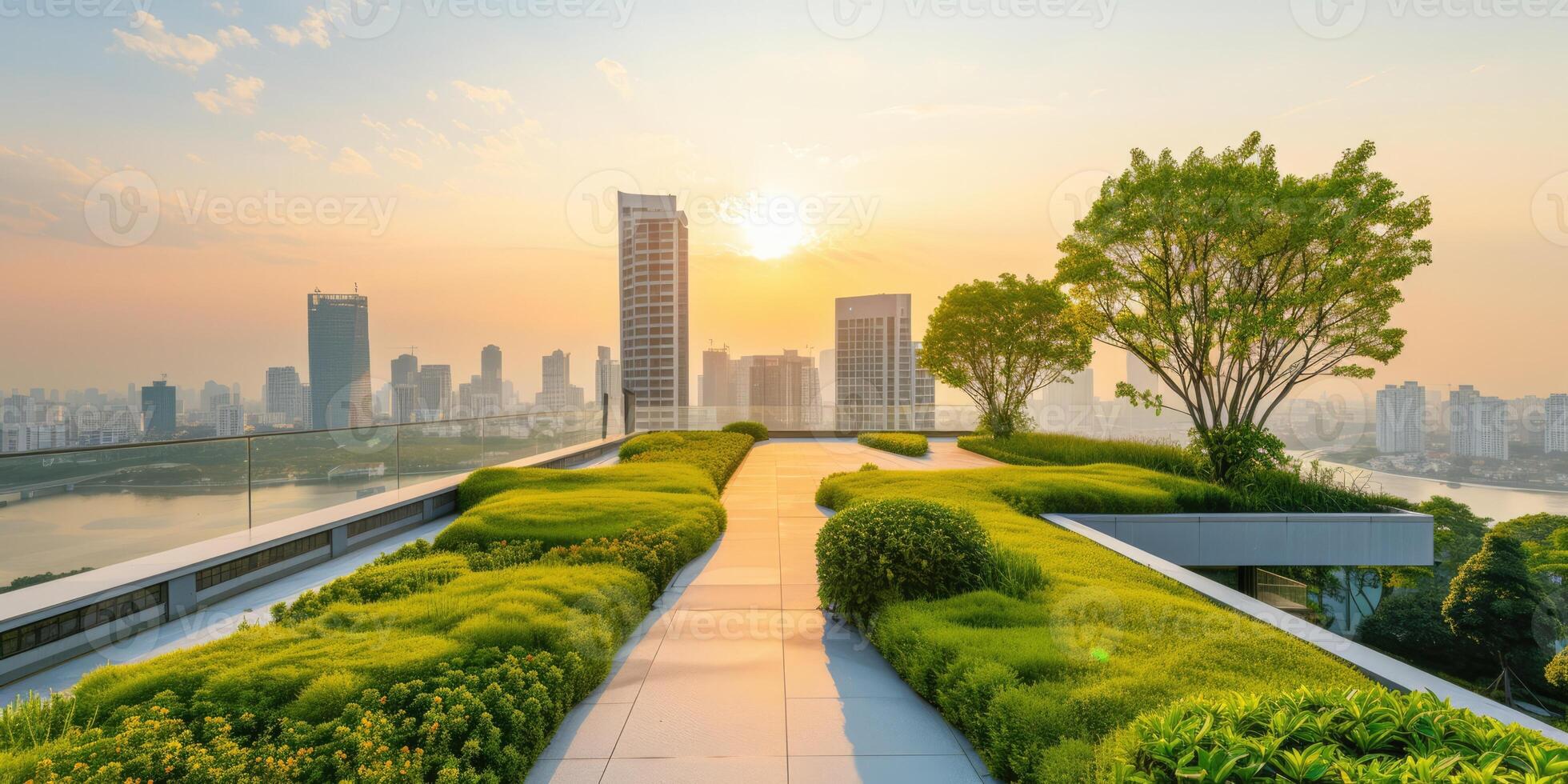 AI generated Generative AI, Rooftop garden in a high-rise building, Urban Farming, Green Spaces, Sustainable Living, Eco-Friendly, Skyline photo