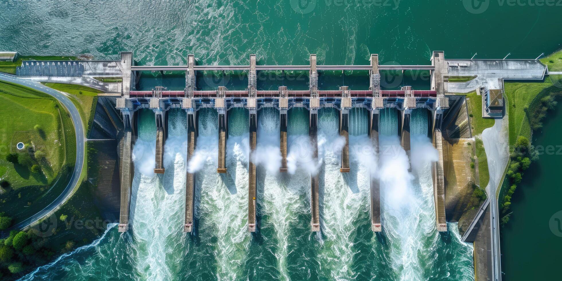 AI generated Generative AI, hydroelectric dam utilizing the flow of water to produce sustainable energy, aerial drone view, photo