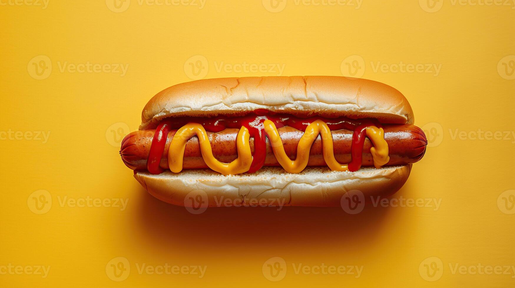 AI generated One Hot dog with mustard and ketchup closeup on minimalistic background. Created with Generative AI photo