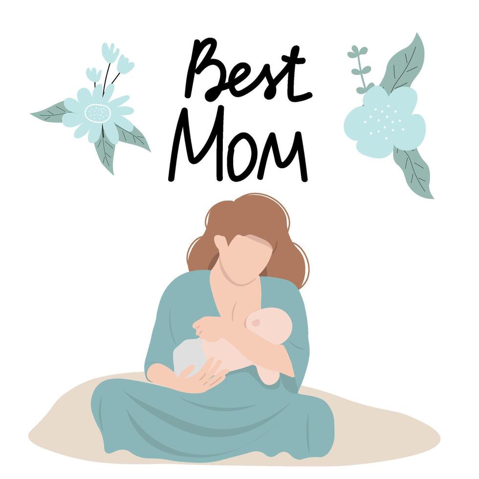 Breastfeeding illustration, mother feeding a baby with breast with nature and leaves background. Concept vector illustration in flat style.