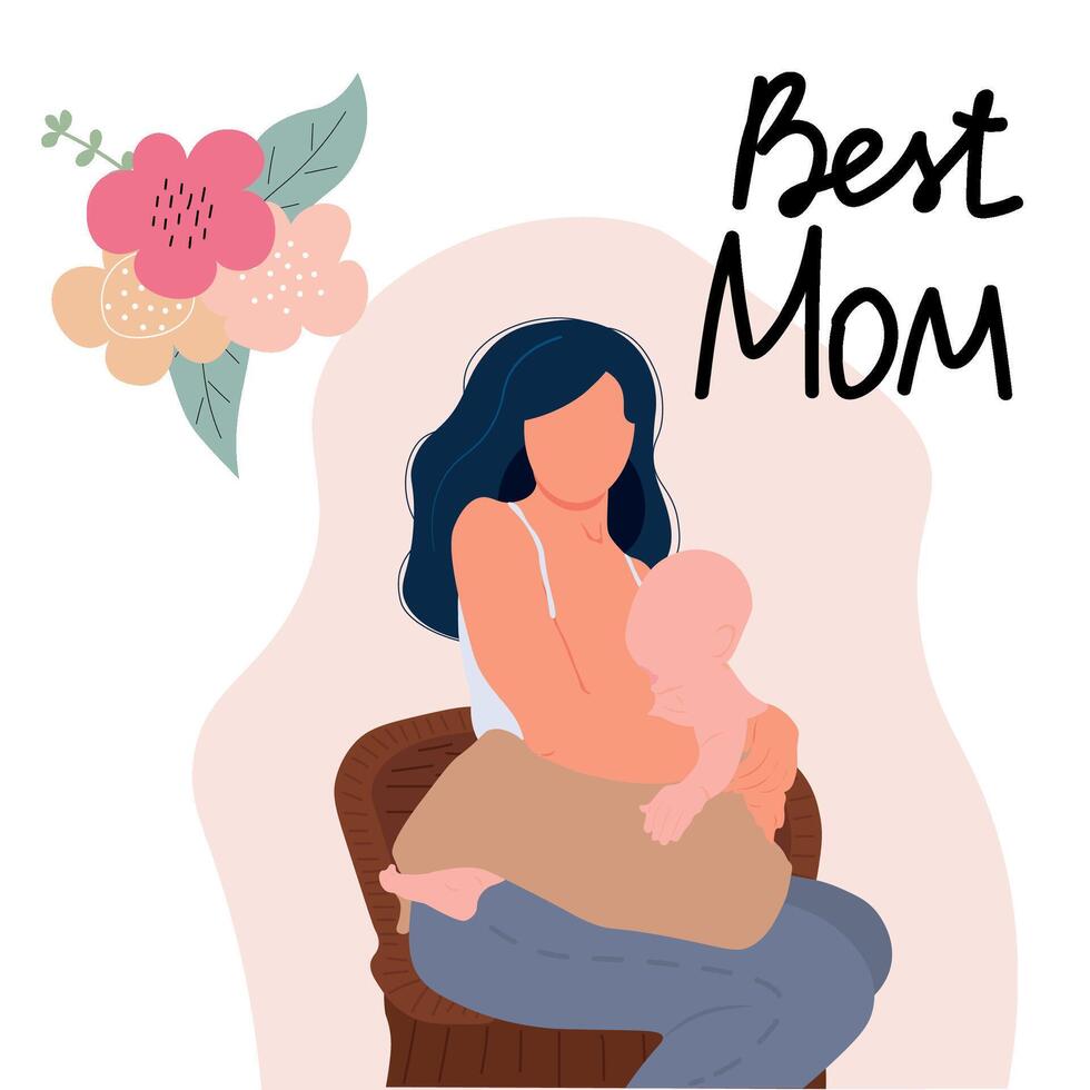 Breastfeeding illustration, mother feeding a baby with breast with nature and leaves background. Concept vector illustration in flat style.