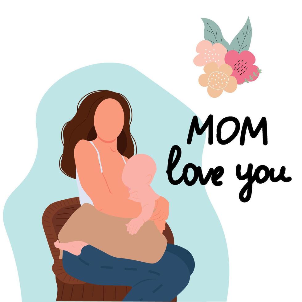 Breastfeeding illustration, mother feeding a baby with breast with nature and leaves background. Concept vector illustration in flat style.