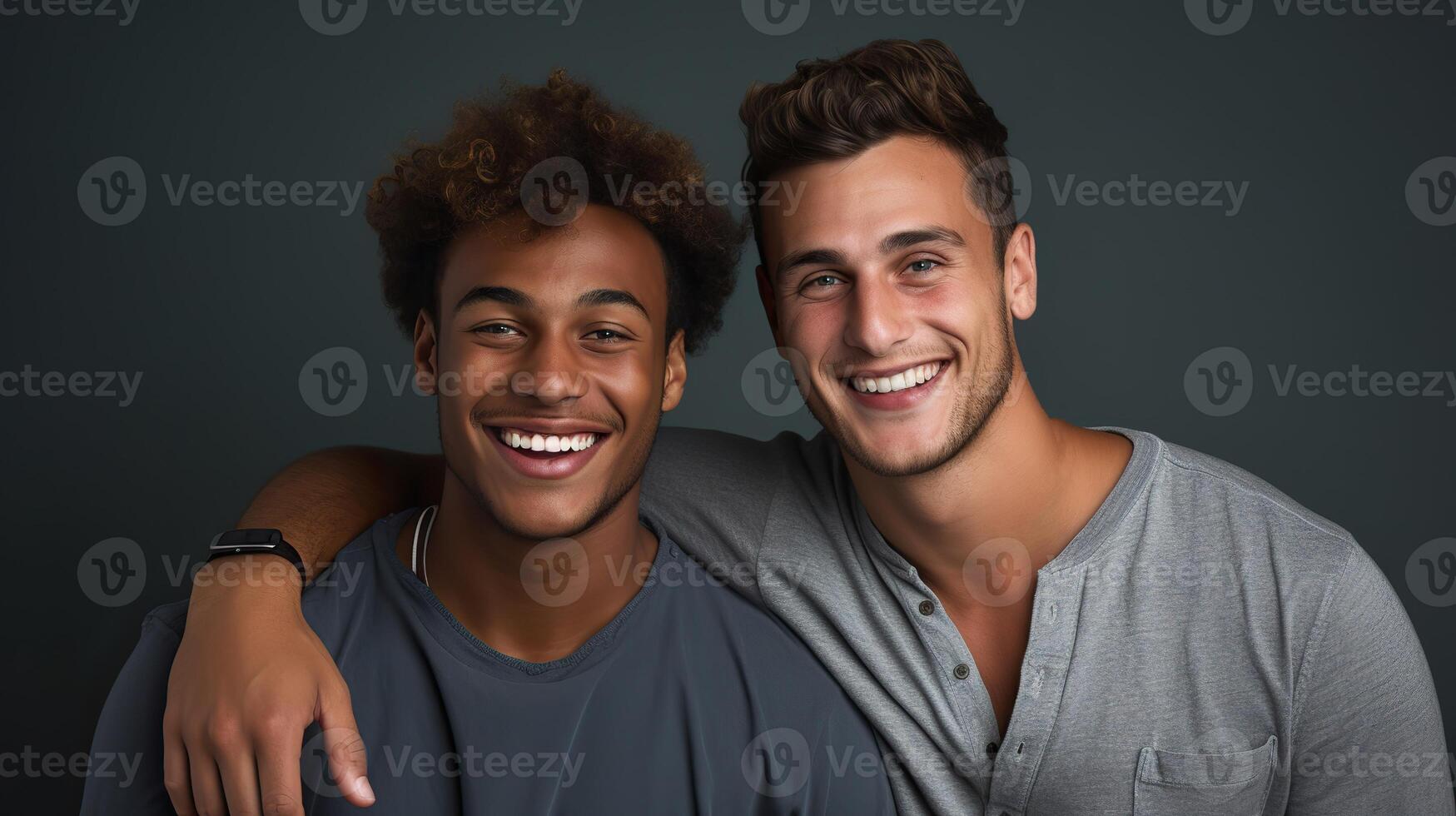 AI generated Two joyful multiethnic young men embracing each other with happy expressions on dark grey background photo