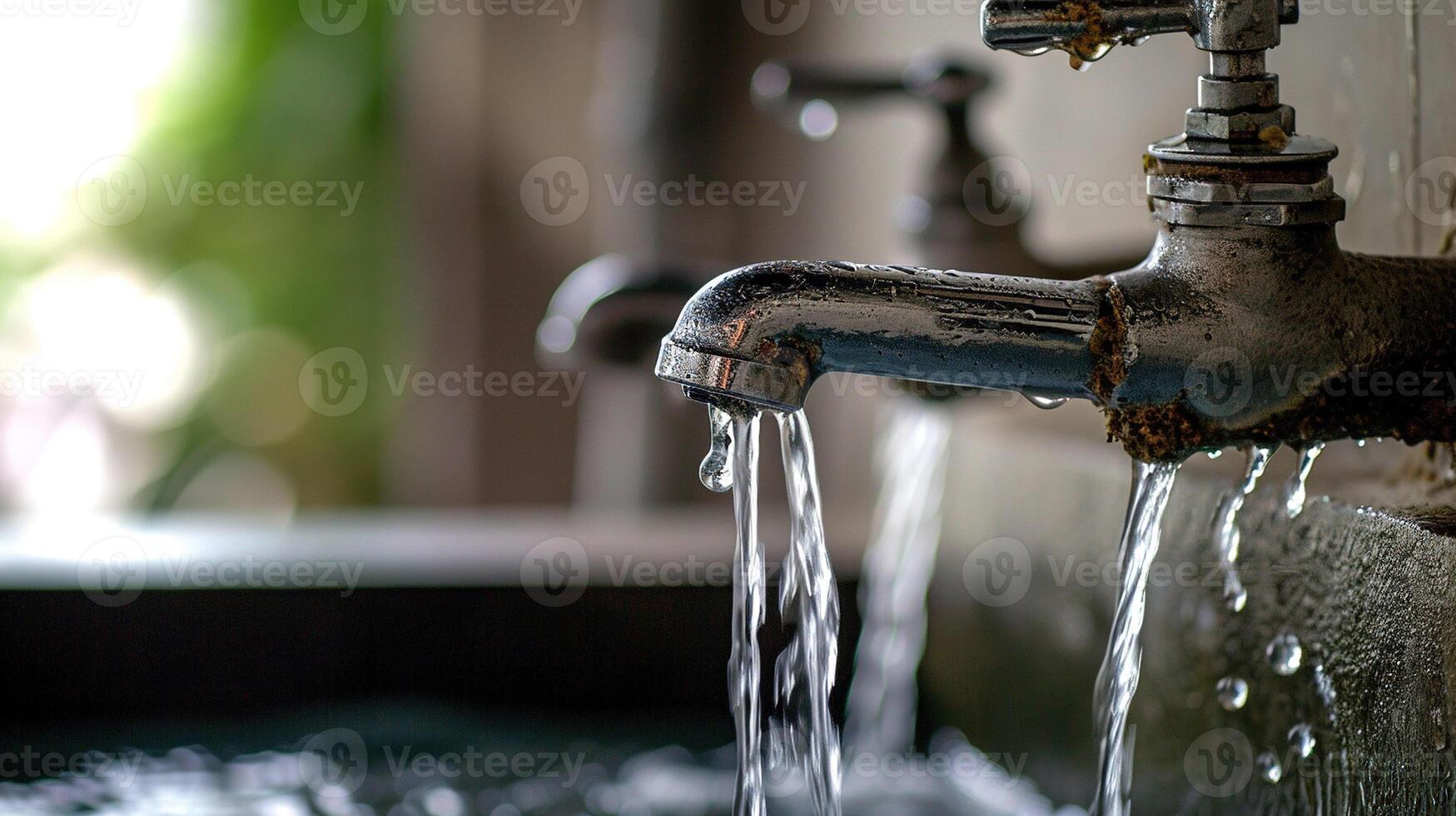 AI generated Water flowing from the tap in the kitchen. Old faucet with running water. Selective focus. photo