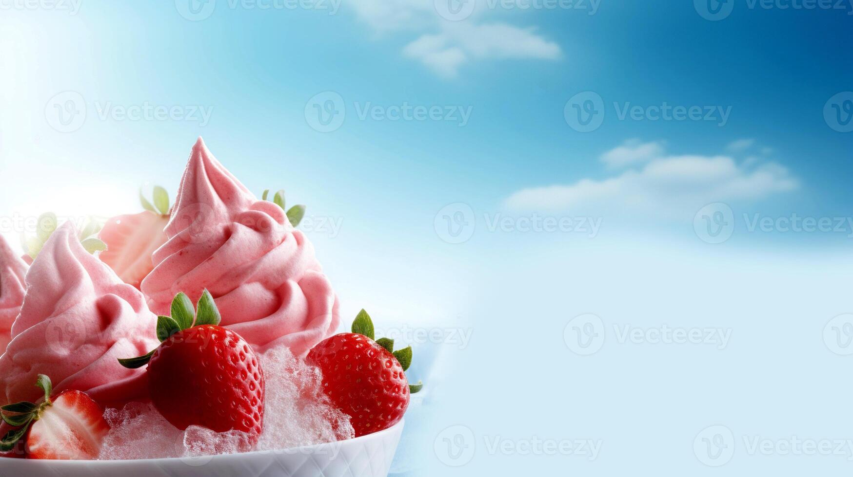 ai generado fresa hielo crema con Fresco fresas en azul cielo antecedentes. foto