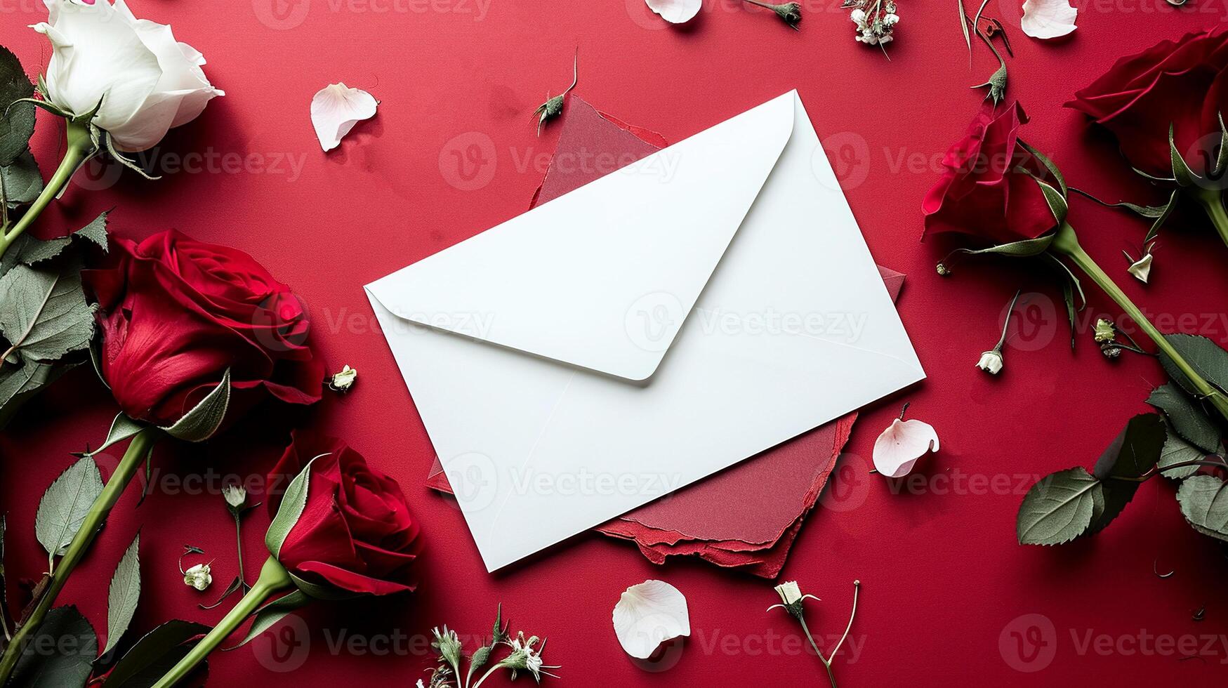 AI Generated Blank paper card, postcard mockup with copy space, greeting holiday postcard floral template. Three roses in random order. photo