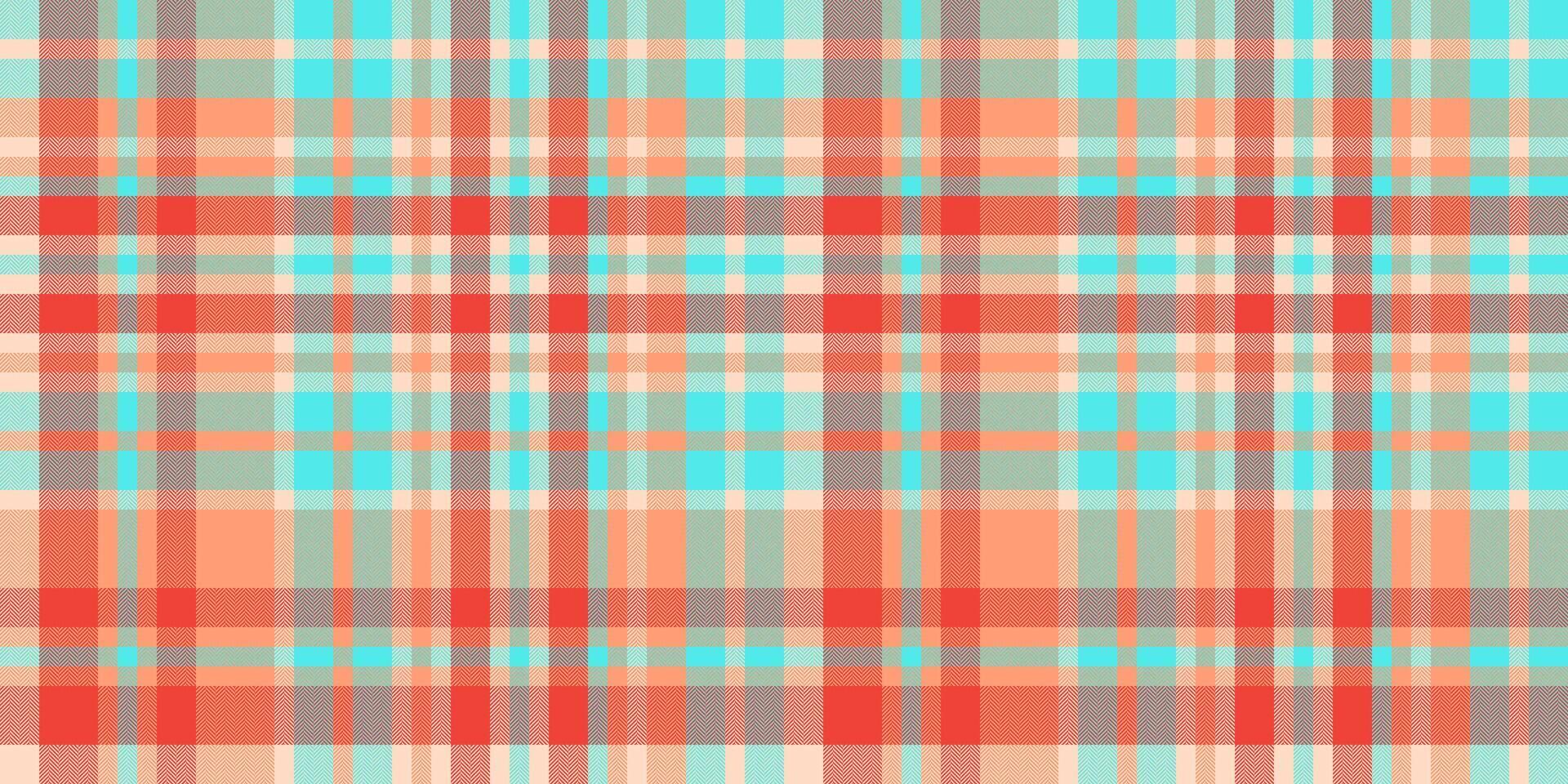 Close-up seamless textile vector, premium background check tartan. Geometry fabric pattern plaid texture in teal and light salmon colors. vector