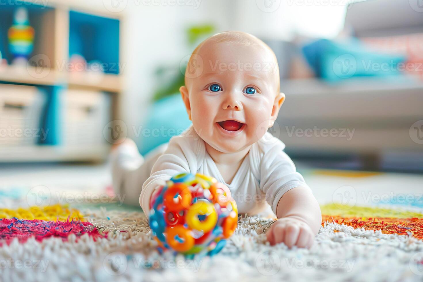 AI generated A positive three month old baby lies on his tummy and plays with rattles. AI generated. photo