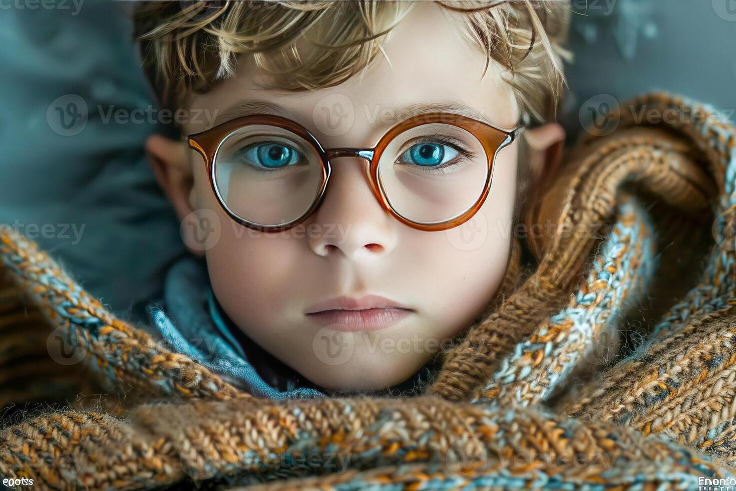 AI generated Small boy has sore throat, lies in bed with a scarf on his throat. AI generated. photo