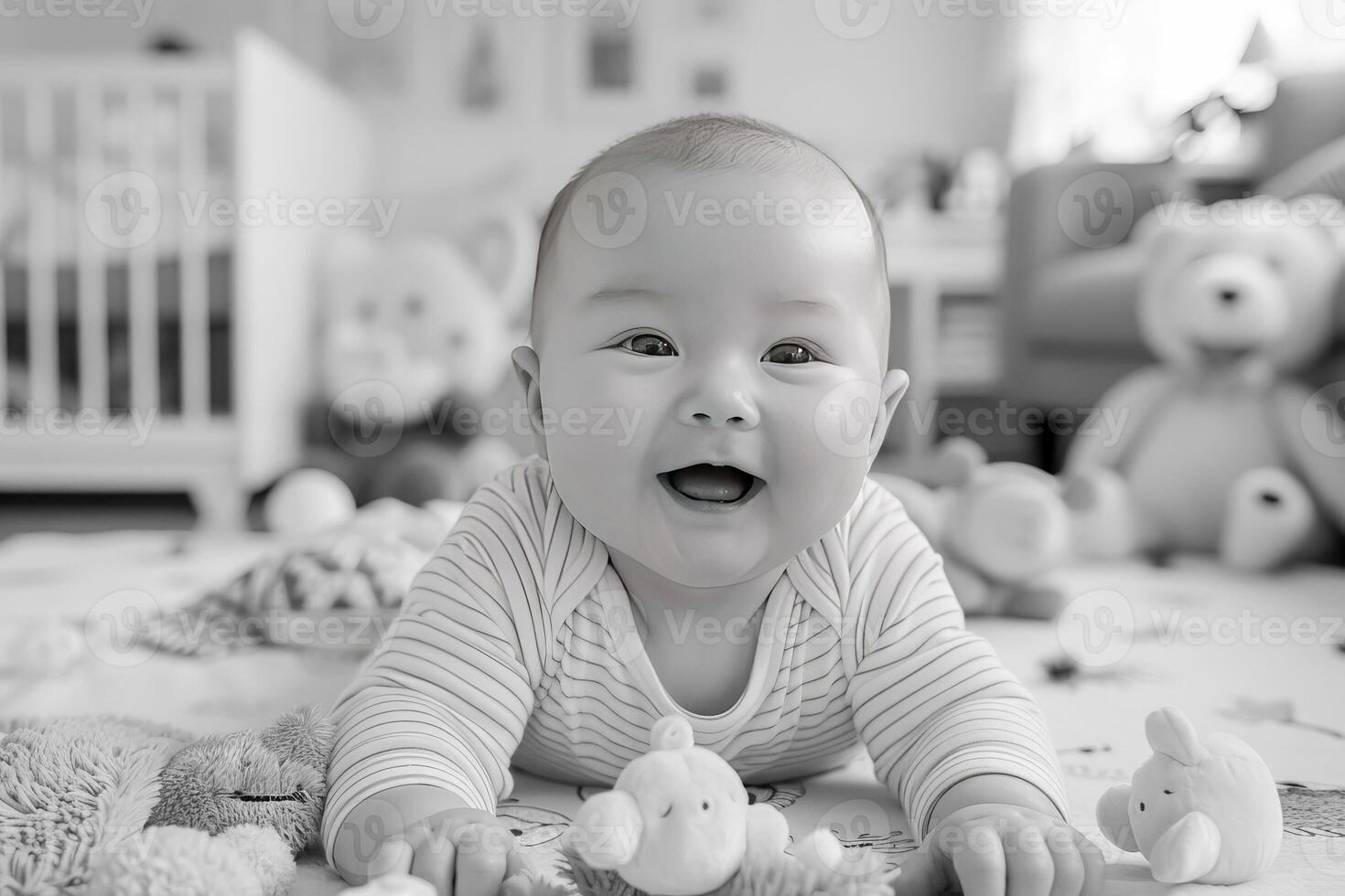 AI generated A positive three month old baby lies on his tummy and plays with rattles. AI generated. photo