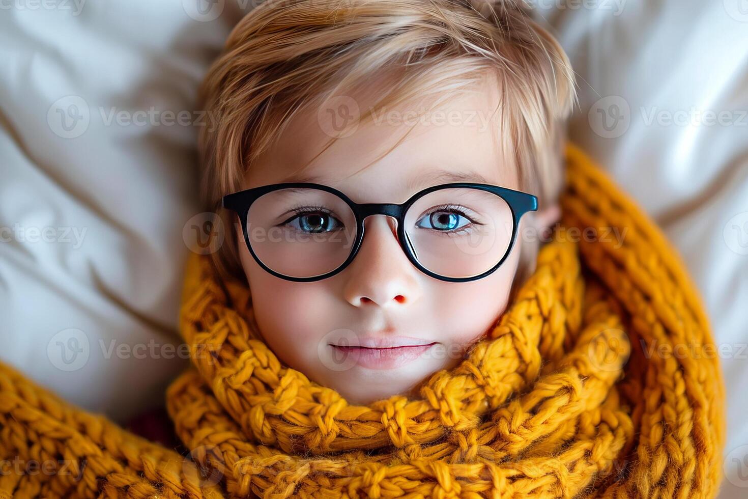 AI generated Small boy has sore throat, lies in bed with a scarf on his throat. AI generated. photo