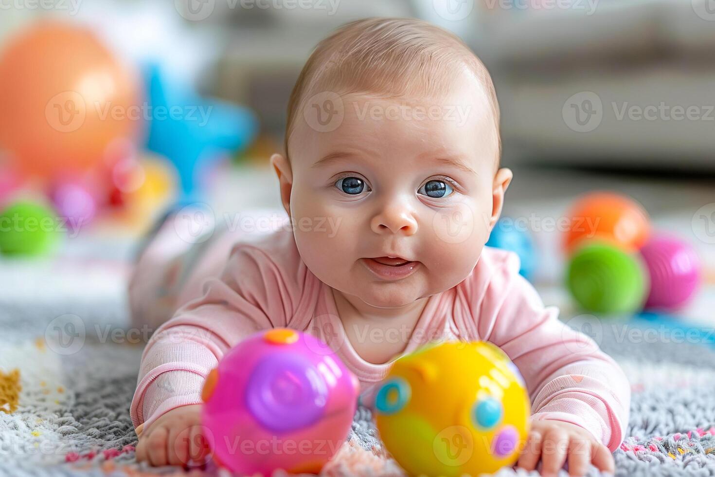 AI generated A positive three month old baby lies on his tummy and plays with rattles. AI generated. photo