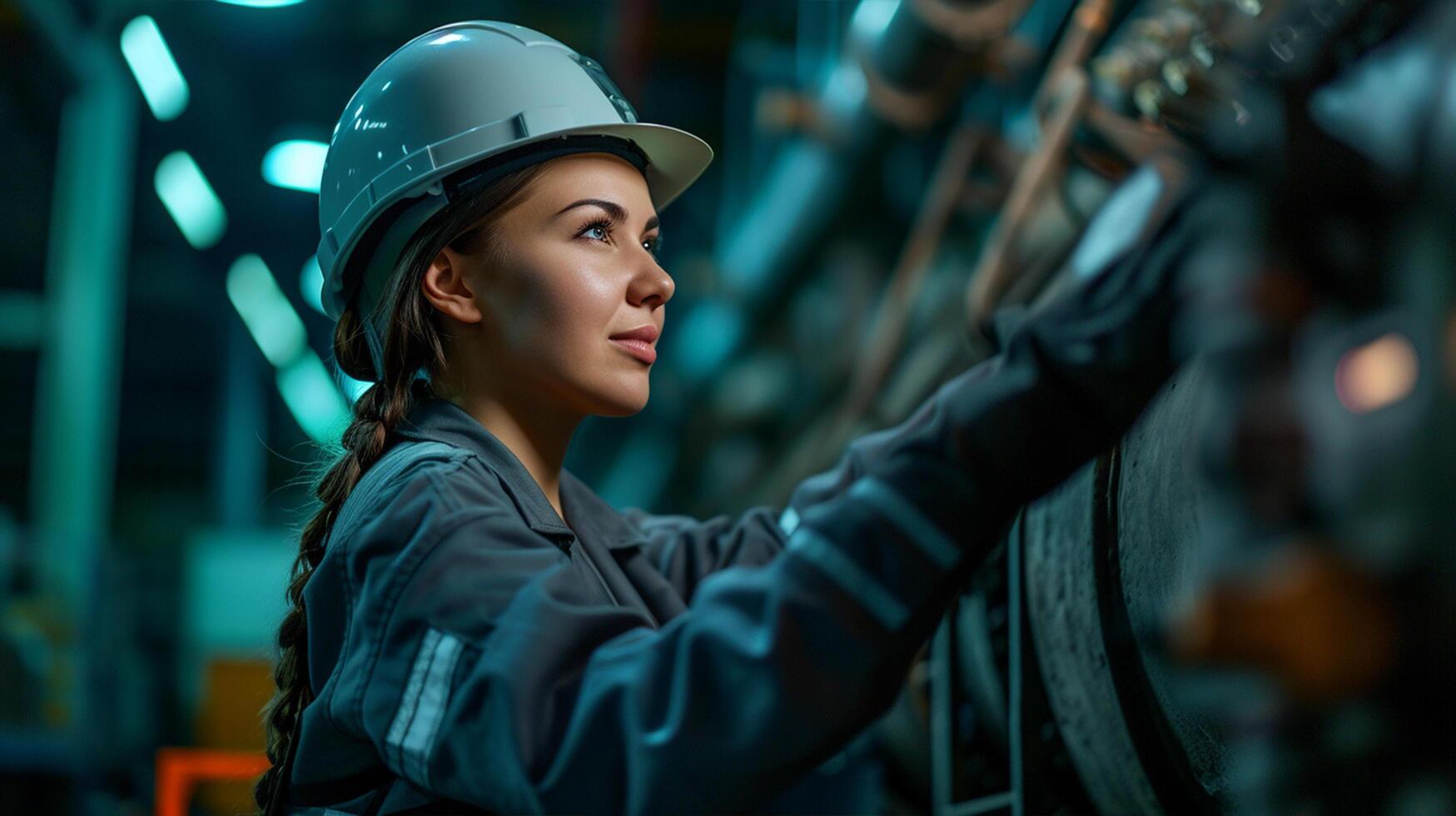 ai generado sonriente hembra trabajador en moderno industrial ambiente trabajando foto