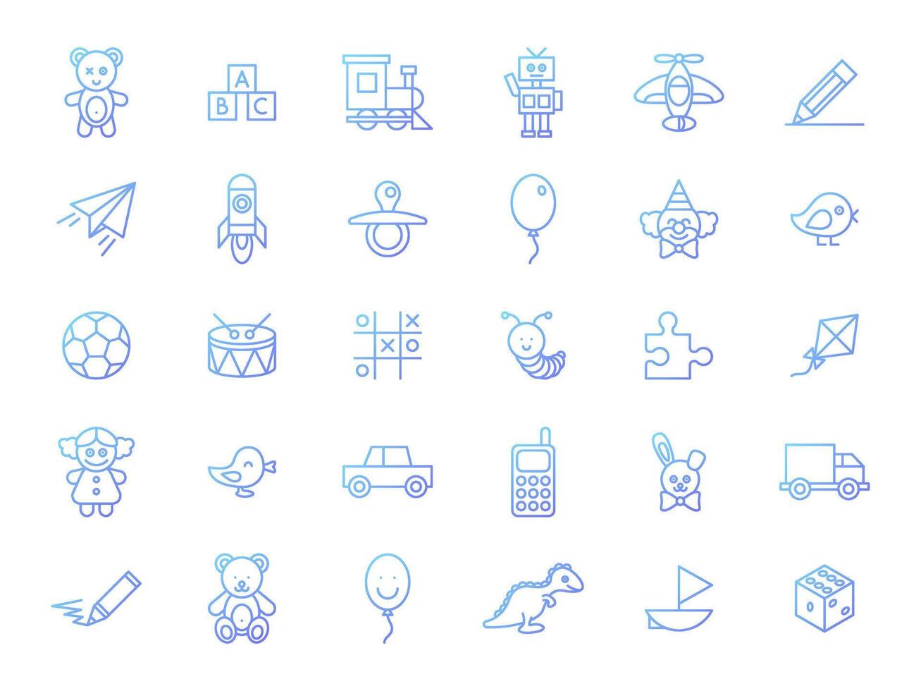 Collection of toys icons on white background. Line style with blue gradient vector illustration.