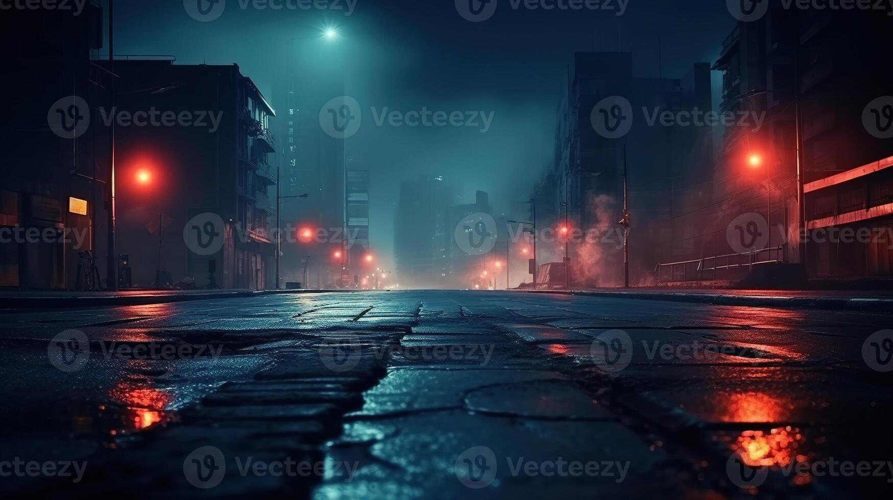 AI generated Rain Road Wet Asphalt Reflection of Neon Lights photo