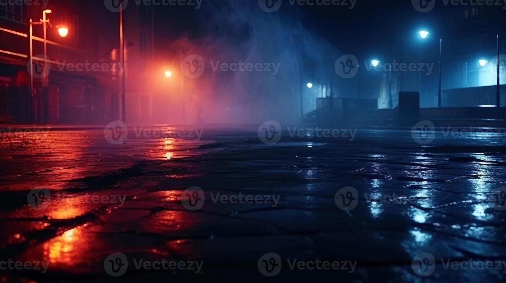 AI generated Rain Road Wet Asphalt Reflection of Neon Lights photo