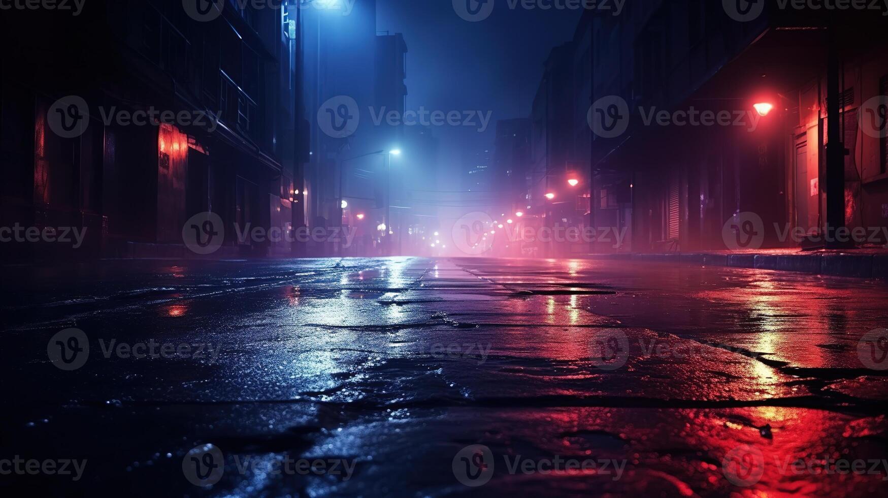 AI generated Rain Road Wet Asphalt Reflection of Neon Lights photo